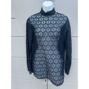CC Kuo London Mock Neck Semi Sheer Lace Long Sleeves Blouse Sz 10 In Navy Blue
